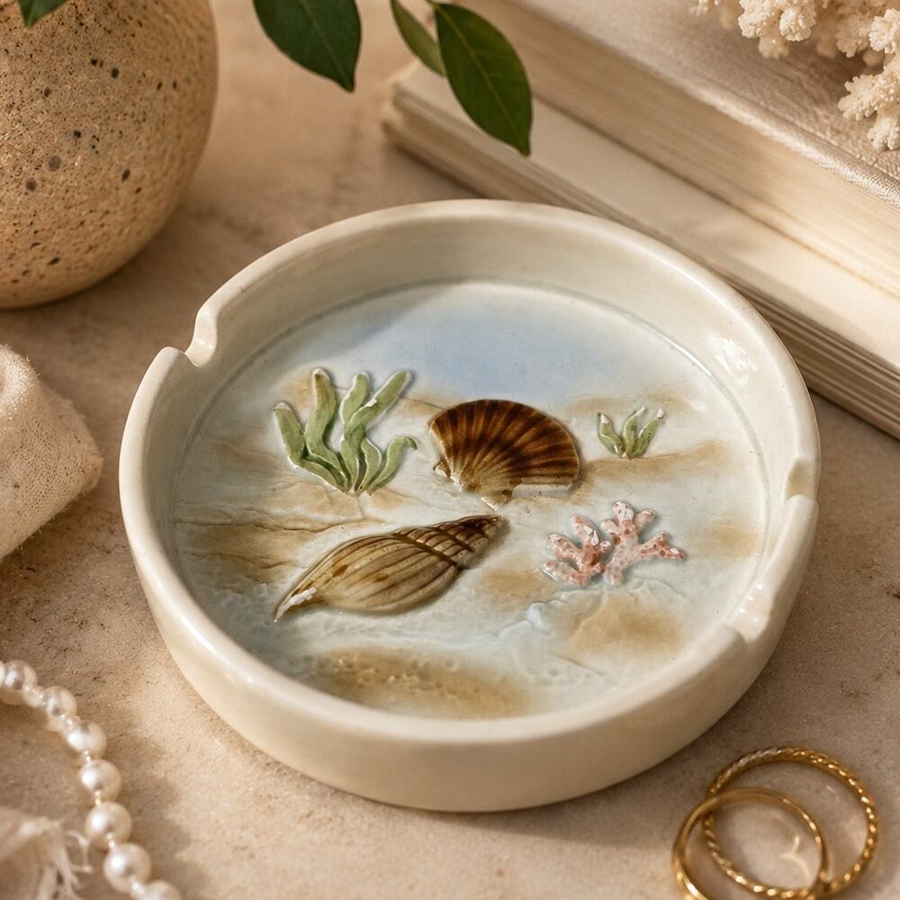 Vintage Otagiri 1981 Seashell Coastal Trinket Dish Ceramic Ashtray